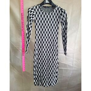 M.AI. Collection Black White Gray Geometric Knit Sheath Long Sleeve Midi S